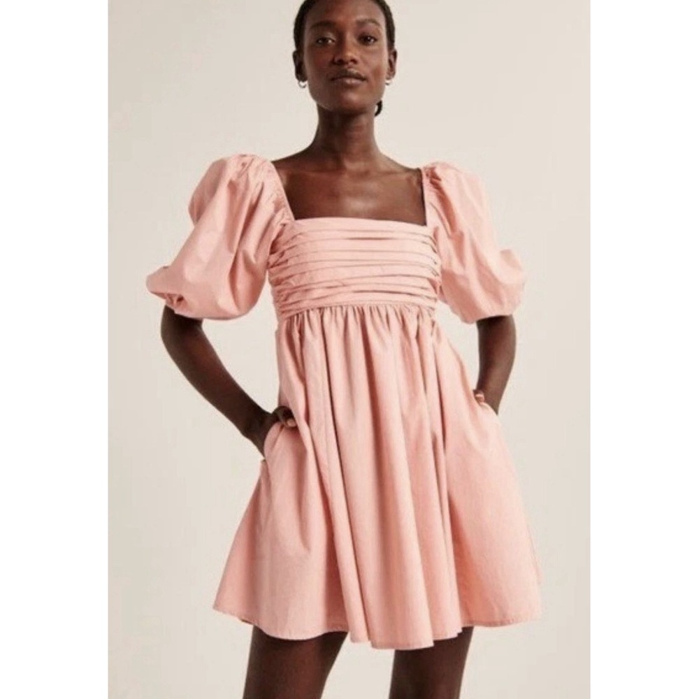 Abercrombie & Fitch Pink Ruched Puff Sleeve Square Neck Mini Dress Preppy Size S